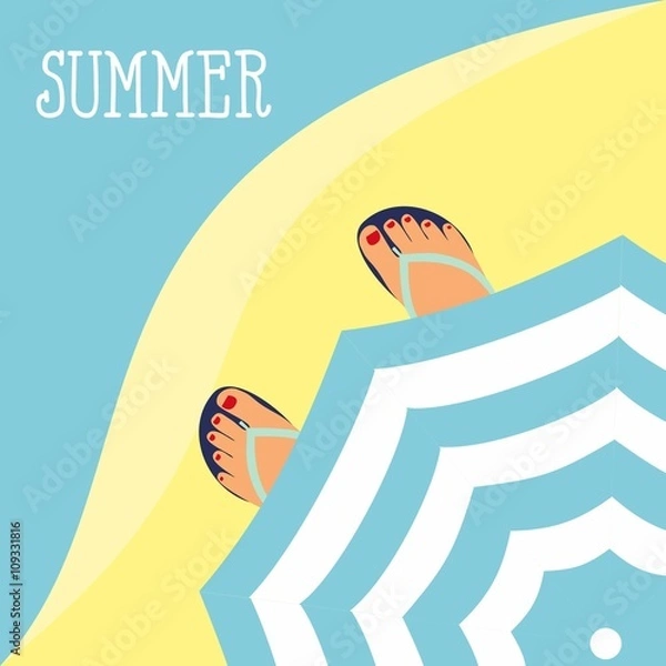 Obraz vector background feet in slippers on the background of the beach and the beach umbrella top view. Summer Time Background. Sunny Beach in Flat Design Style Vector Illustration