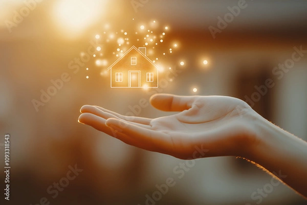 Obraz Outstretched hand holding a glowing holographic house against a warm sunset, symbolizing dreams of homeownership, real estate, and the concept of a secure and bright future
