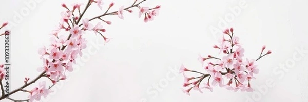 Fototapeta Cherry blossom branches with a touch of pink are artfully placed against a white wall, natural elements, white wall