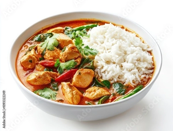 Fototapeta Delicious bowl of chicken curry served with fluffy white rice, vibrant herbs, and colorful vegetables, showcasing a blend of flavors in an inviting dish