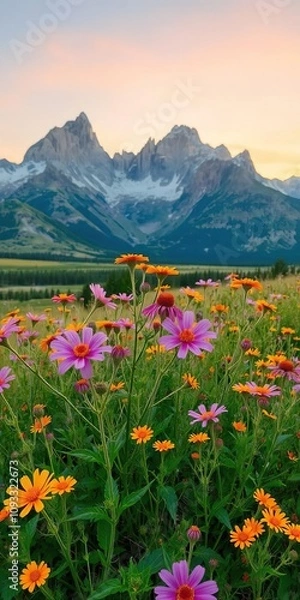 Fototapeta Vibrant wildflowers in front of majestic Grand Tetons at sunset, landscape, Wyoming