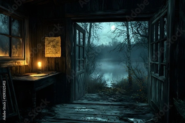 Fototapeta Rustic wooden cabin deep in a forest, with an open door showing signs of forced entry. Inside, the scene is dimly lit . Outside the window, moonlight reflects on a nearby lake,The scene feel tense.