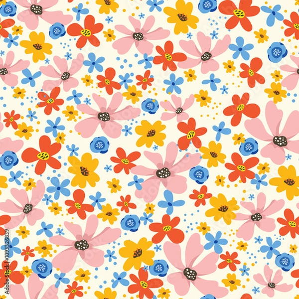 Fototapeta Vivid flowers seamless pattern, digital paper repeating background, meadow vibrant flowers. Fabric, wallpaper, wrapping paper, stationery seamless pattern.
