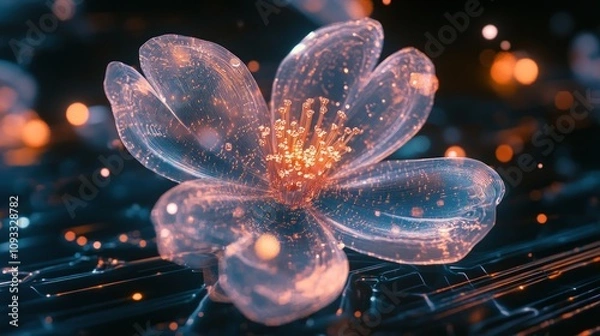 Fototapeta Glowing translucent flower on dark background.
