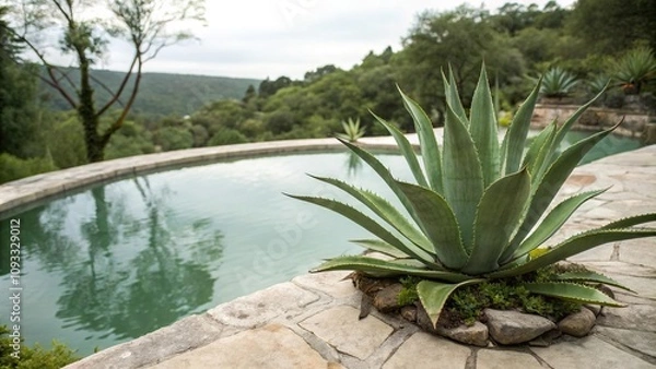 Fototapeta Green agave plant adds elegance to the edge of a peaceful water pond surrounded by natural foliage on a marble surface, serenity, water feature, landscape