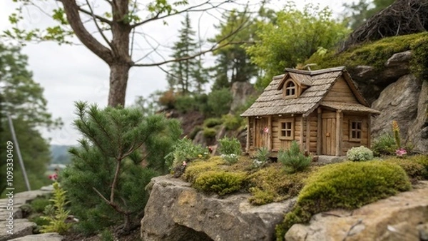 Obraz Miniature wooden cottage surrounded by tiny plants and trees on the edge of a rocky outcropping, miniature, plants, cottages
