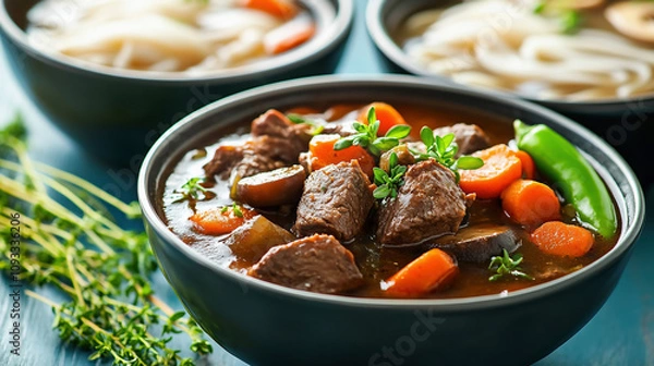 Fototapeta A bowl of beef bourguignon, rich and dark in color with tender meat, carrots, mushrooms, and herbs, has green pepper pieces on the side. The background shows two bowls of pho soup, one next to the oth