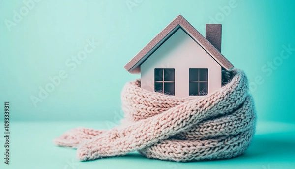 Obraz Beautiful Miniature house with a swirled wool scarf on a isolated background generated by AI
