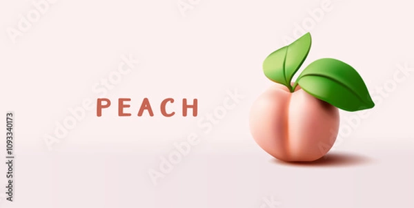 Obraz Ripe juicy peach with leaves, 3D. Banner for advertising concepts of fresh, seasonal, healthy, and summer fruit. Vector illustration