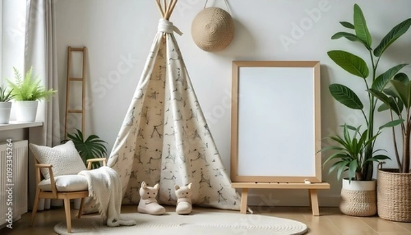 Fototapeta A white teepee tent with a patterned design, a wooden frame, and a round woven decoration hanging above it.