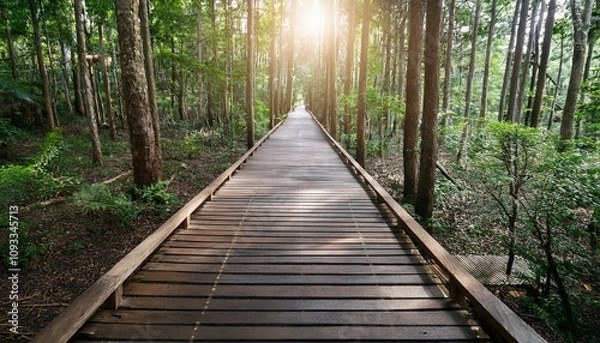 Fototapeta 푸른 숲속을 따라 이어진 나무데크 산책로