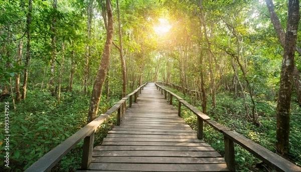 Fototapeta 푸른 숲속을 따라 이어진 나무데크 산책로