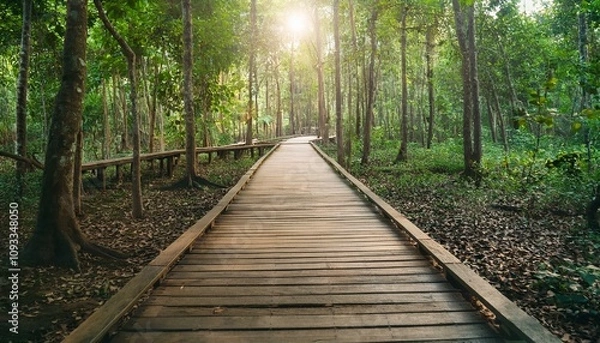 Fototapeta 푸른 숲속을 따라 이어진 나무데크 산책로
