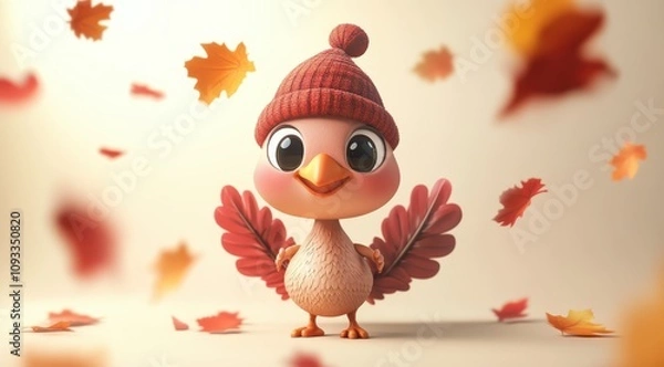 Fototapeta Adorable cartoon turkey wearing a charming knitted hat surrounded by colorful autumn leaves, capturing a joyful and whimsical fall scene perfect for seasonal holiday themes