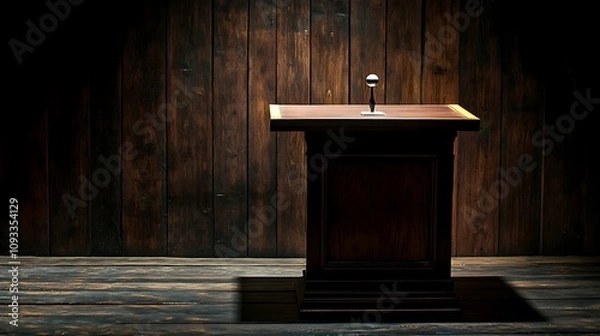 Fototapeta Professional podium with a sturdy, dark-colored base and a refined wood-grain tabletop, under soft, focused lighting