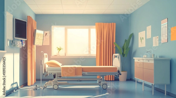 Fototapeta comfortable medical equipped in a hospital, Empty hospital bed with IV pole and monitor and medical instruments, Hospital room interior with bed and equipment with light and soft gradient colors.