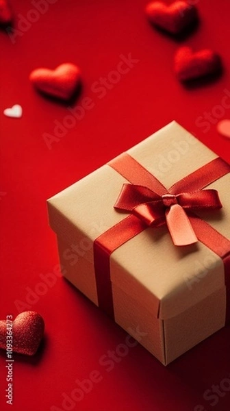 Fototapeta Elegant gift box with red ribbon bow surrounded by floating heart decorations on vibrant red background, perfect for Valentine's Day or romantic occasions.