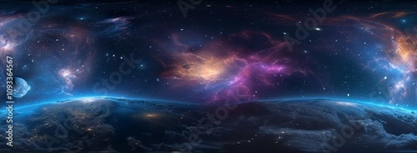 Obraz 360 degree equirectangular projection space background with nebula and stars, environment map. HDRI spherical panorama, Generative AI
