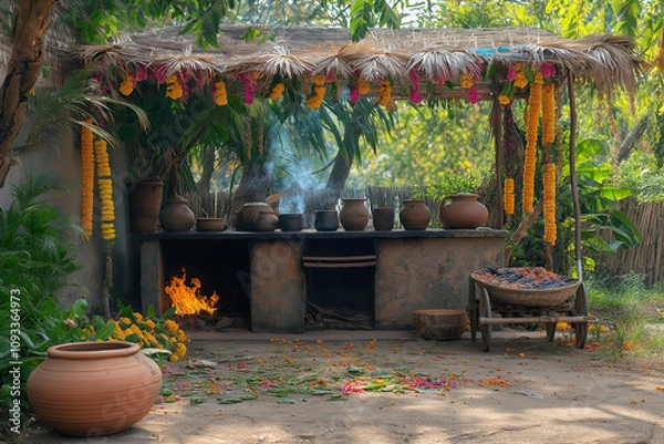 Fototapeta Authentic Pongal Outdoor Kitchen With Clay Pots on Open Fire, Coconut Leaf Canopy, and Decorated Bullock Cart With Colorful Garlands in a Festive