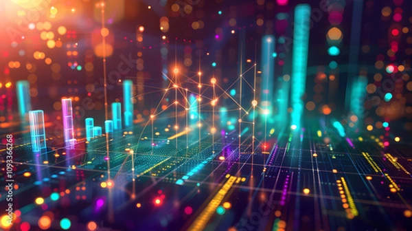 Obraz Detailed data visualization landscape with bar charts, pie graphs, and intricate glowing nodes