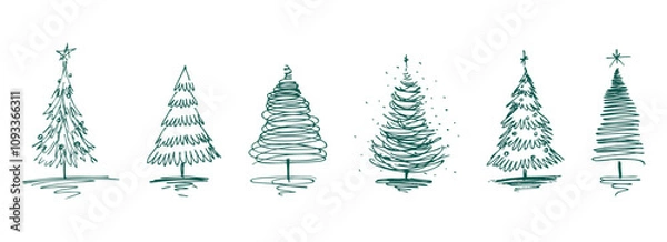 Fototapeta Doodles of different christmas trees silhouettes, vector hand drawn firs illustration, isolated on white