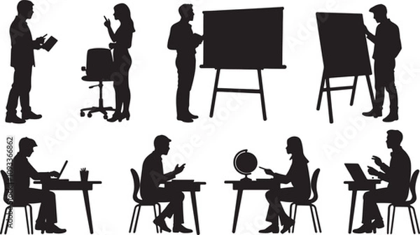 Obraz Vector Black and white vector silhouettes of women in various business and educational settings, including presentations, meetings, teaching, and discussions