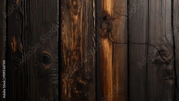 Obraz Dark brown charred wood planks background texture.