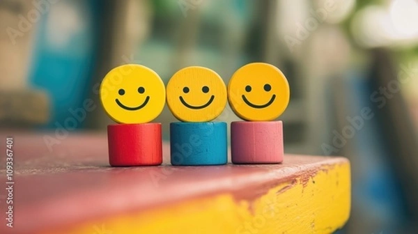 Fototapeta Happy smile face on table, good feedback rating and positive customer review, experience, satisfaction survey ,mental health assessment, child wellness, world mental health day concept, generative ai