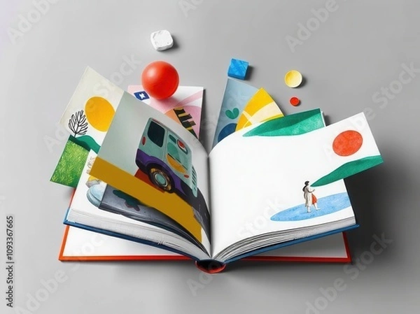 Obraz A symbolic book unfolds into a surreal landscape. Its pages transform into trees paths and stars symbolizing the journey of life and self-creation