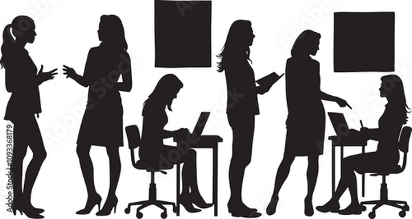 Obraz Vector Black and white vector silhouettes of women in various business and educational settings, including presentations, meetings, teaching, and discussions