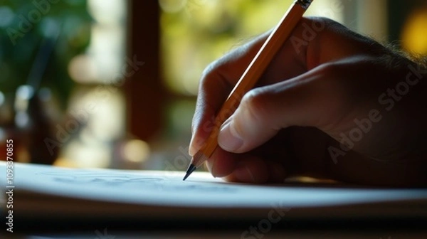 Fototapeta A Close-up of a Hand Writing on a Notebook with a Pencil