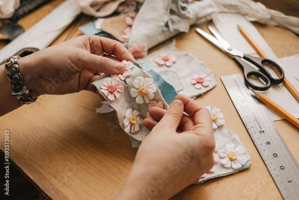 Fototapeta Manos haciendo manualidades con telas.  Generado con IA