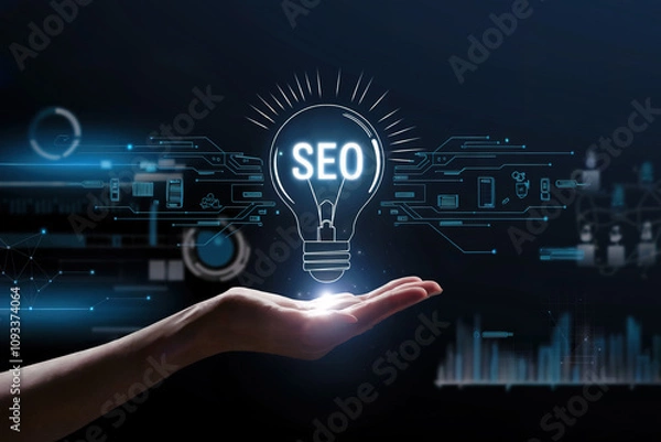 Fototapeta Mano que simula sostener una lámpara tecnológica en su mano. Concepto SEO.  Generado con IA