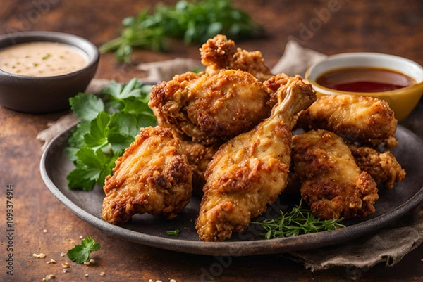 Fototapeta Golden, crispy fried chicken pieces with a crunchy coating, served on a rustic plate with a side of tangy dipping sauce and a sprinkle of fresh herbs, set against a warm, inviting background.