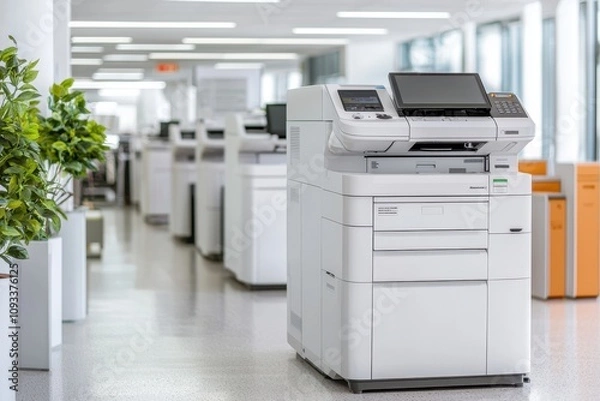 Fototapeta A modern office space featuring multiple printers and copiers, with a clean, bright design and greenery to enhance the environment.