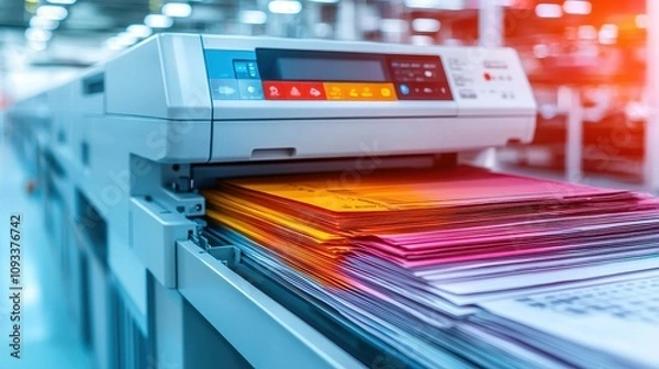 Fototapeta A modern printing machine with colorful sheets, showcasing a high-tech printing environment and vibrant paper stacks.