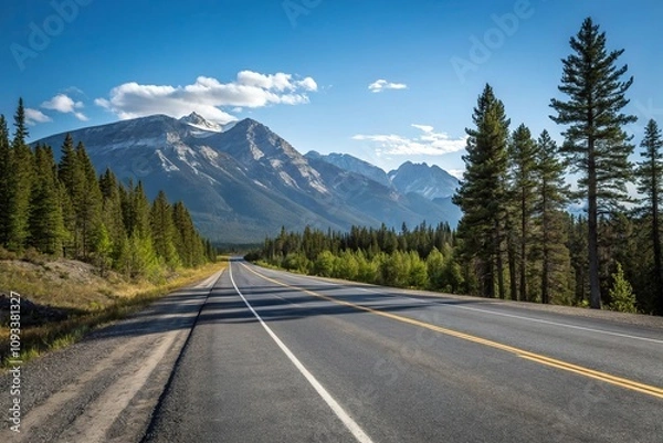 Fototapeta Empty stretch of asphalt road running parallel to a mountain range with a clear blue sky above and pine trees in the foreground, natural landscape, asphalt road, empty highway