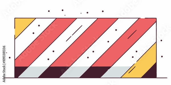 Fototapeta A rectangular shape is adorned with alternating diagonal stripes in red, white, and yellow. Small dots are scattered around the shape, adding a decorative touch. AI generated.