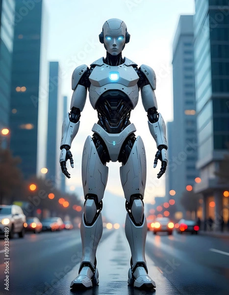 Fototapeta Portrait of a robot standing in the middle of road