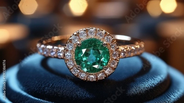 Obraz A stunning emerald ring surrounded by sparkling diamonds, showcasing elegance and luxury.