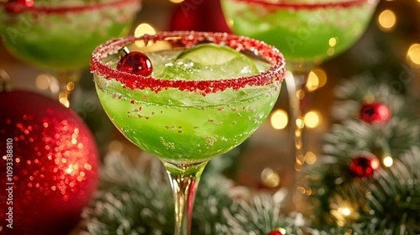 Fototapeta Indulge in the vibrant Xmas Green Punch, adorned with a glistening sugar rim in a glass. This refreshing creation, crafted with tangy lime sherbet, embodies the spirit of Christmas cheer