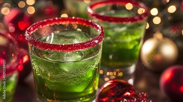 Fototapeta Indulge in the vibrant Xmas Green Punch, adorned with a glistening sugar rim in a glass. This refreshing creation, crafted with tangy lime sherbet, embodies the spirit of Christmas cheer