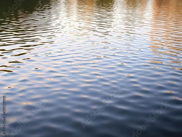 Fototapeta The surface of a calm lake or pond creates an illusion of orange-colored ripples as the surrounding environment reflects the changing light conditions, water reflection, natural scenery