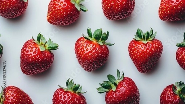 Fototapeta Arranged fresh strawberries with bright red skin and green leaves on a smooth white surface creating a vibrant and appetizing display.