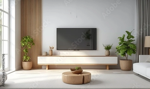 Fototapeta Mock up white wall background,Modern living room decor with a tv cabinet, Generative AI