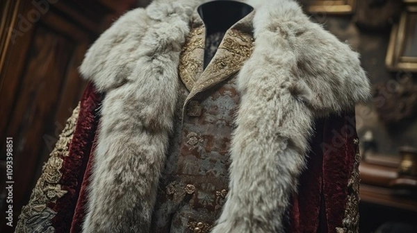 Obraz An ornate historical garment featuring luxurious fabrics and a fur collar.