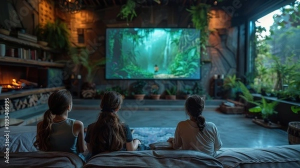 Obraz Three children enjoy a magical jungle adventure in a cozy living room filled with greenery. Generative AI