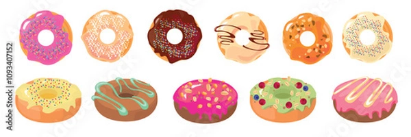 Fototapeta Set of delicious donuts, side view, top view in cartoon style.Vector illustration of donuts with sweet glaze decorated with pastry sprinkles,oatmeal, cranberry, blueberry isolated on white background.