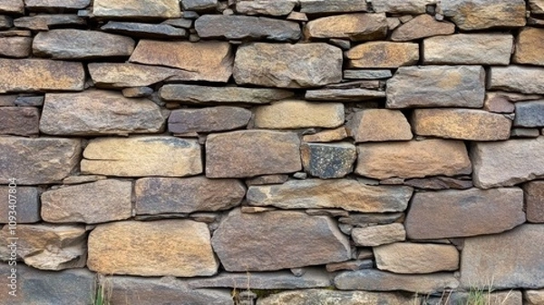 Fototapeta Close-up of a weathered stone wall from an ancient fortress, highlighting textured bricks with various shades and intricate details, perfect for historical backgrounds.