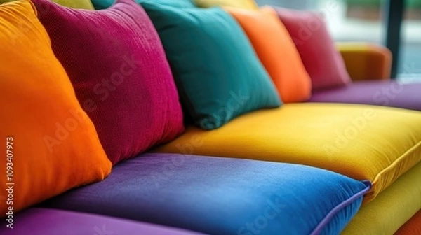 Fototapeta Colorful sofa adorned with vibrant cushions in a modern living room, featuring an empty table surface and a softly blurred background ideal for product display.